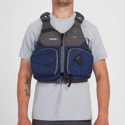 Sporting a Chinook Fishing PFD by NRS in grey and blue, this person has front pockets and gear attachment points for convenience, worn over a light grey shirt.