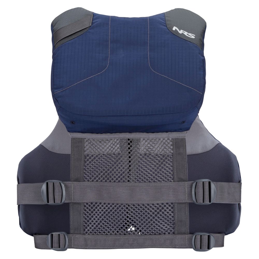 The NRS Chinook Fishing PFD, in blue and gray, has black adjustable straps and a mesh back section for comfort. This premium jacket is displayed on a white background, showcasing its sleek design.