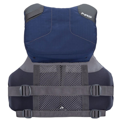 The NRS Chinook Fishing PFD, in blue and gray, has black adjustable straps and a mesh back section for comfort. This premium jacket is displayed on a white background, showcasing its sleek design.