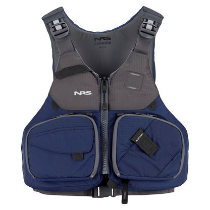 The NRS Chinook Fishing PFD, shown from the front in blue and gray, features multiple zippered pockets and adjustable shoulder straps.