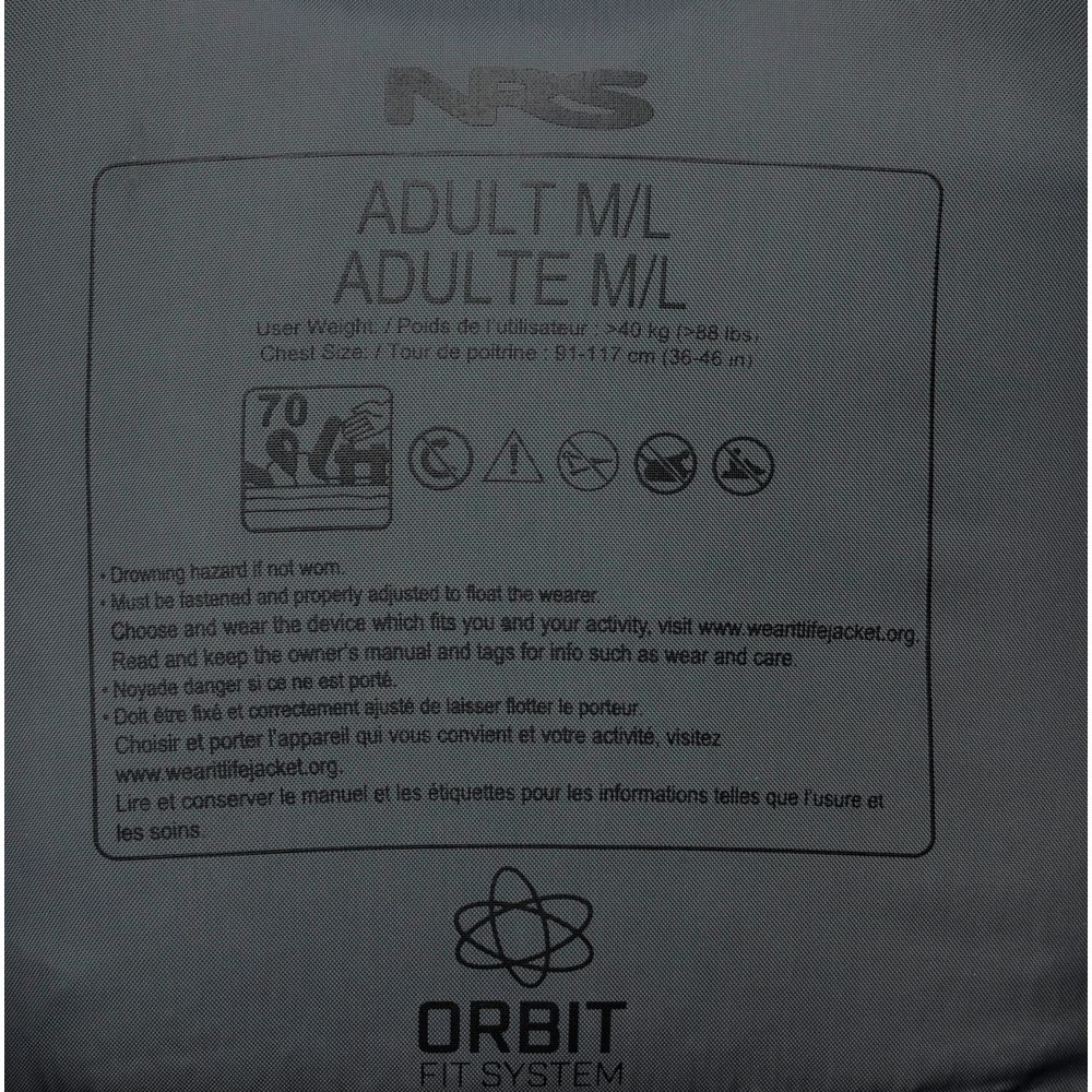 The NRS Chinook Fishing PFD features a gray instruction label indicating size "Adult M/L" for users over 40 kg (88 lbs). It includes usage guides and safety warnings in English and French, along with helpful symbols. Ideal as a fishing life jacket for enhanced safety.