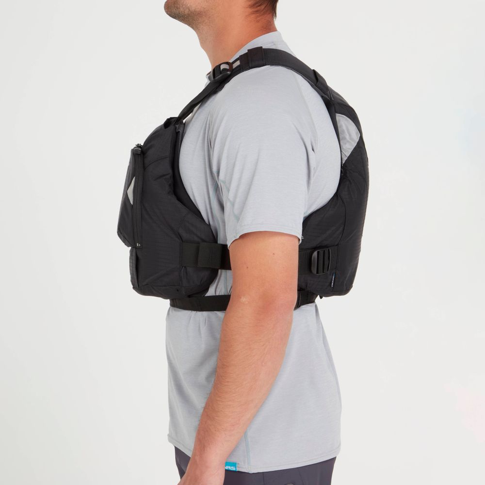 A person in a gray t-shirt and the Ninja PFD black tactical vest by NRS with an orbit fit system is shown in profile against a plain backdrop.