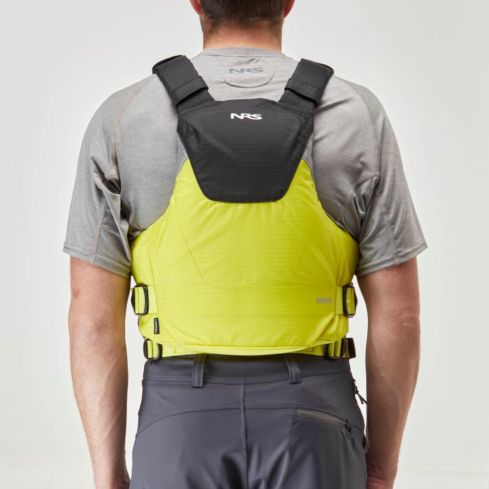 A person in a black and yellow NRS Ninja PFD life vest with a sleek design over a gray shirt, viewed from the back.