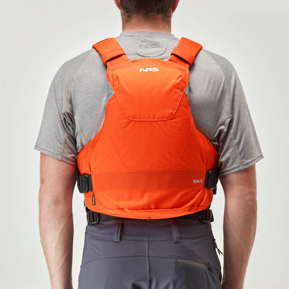 A person is wearing a gray shirt and an orange NRS Ninja PFD with "NRS" on the back.