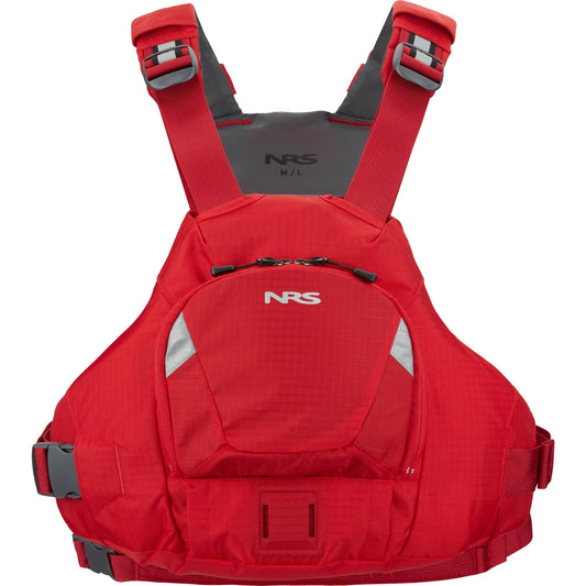 A red Ninja PFD by NRS with a shoulder strap.
