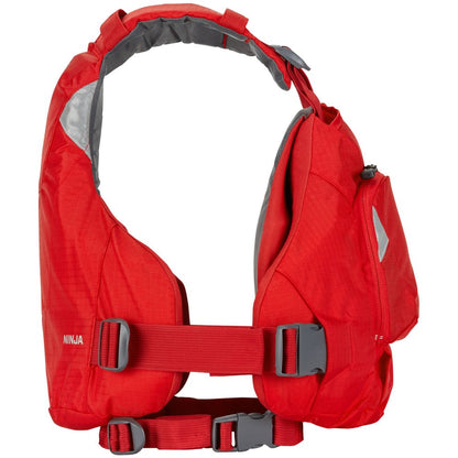 The NRS Ninja PFD, a red life jacket with adjustable straps and grey interior, is designed for optimal flotation and comfort.