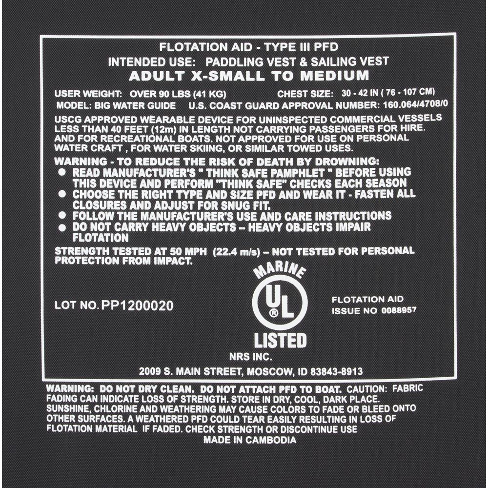Black and white label for the NRS Big Water Guide Hi-Float adult PFD vest, showing safety instructions, size, weight limit, manufacturer info, and USCG type III life jacket certification.