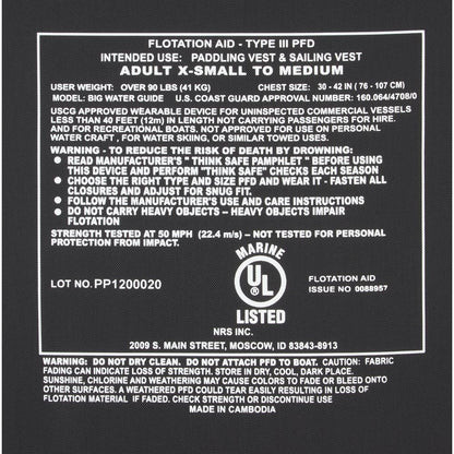 Black and white label for the NRS Big Water Guide Hi-Float adult PFD vest, showing safety instructions, size, weight limit, manufacturer info, and USCG type III life jacket certification.