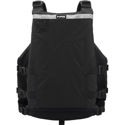 The NRS Big Water Guide Hi-Float is a black type III life jacket with adjustable straps, a front pocket, and a reflective strip for boating safety and reliable comfort.