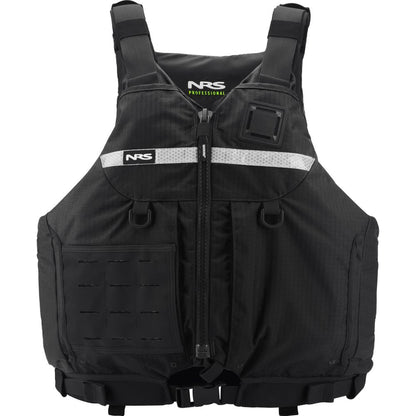 The NRS Big Water Guide Hi-Float life jacket features multiple pockets, front zipper, adjustable shoulder straps, and a chest reflective strip for enhanced boating safety.