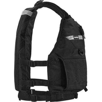 The NRS Big Water Guide Hi-Float, a type III life jacket in black with adjustable straps and multiple pockets, is shown from the side against a white background and ensures reliable boating safety.