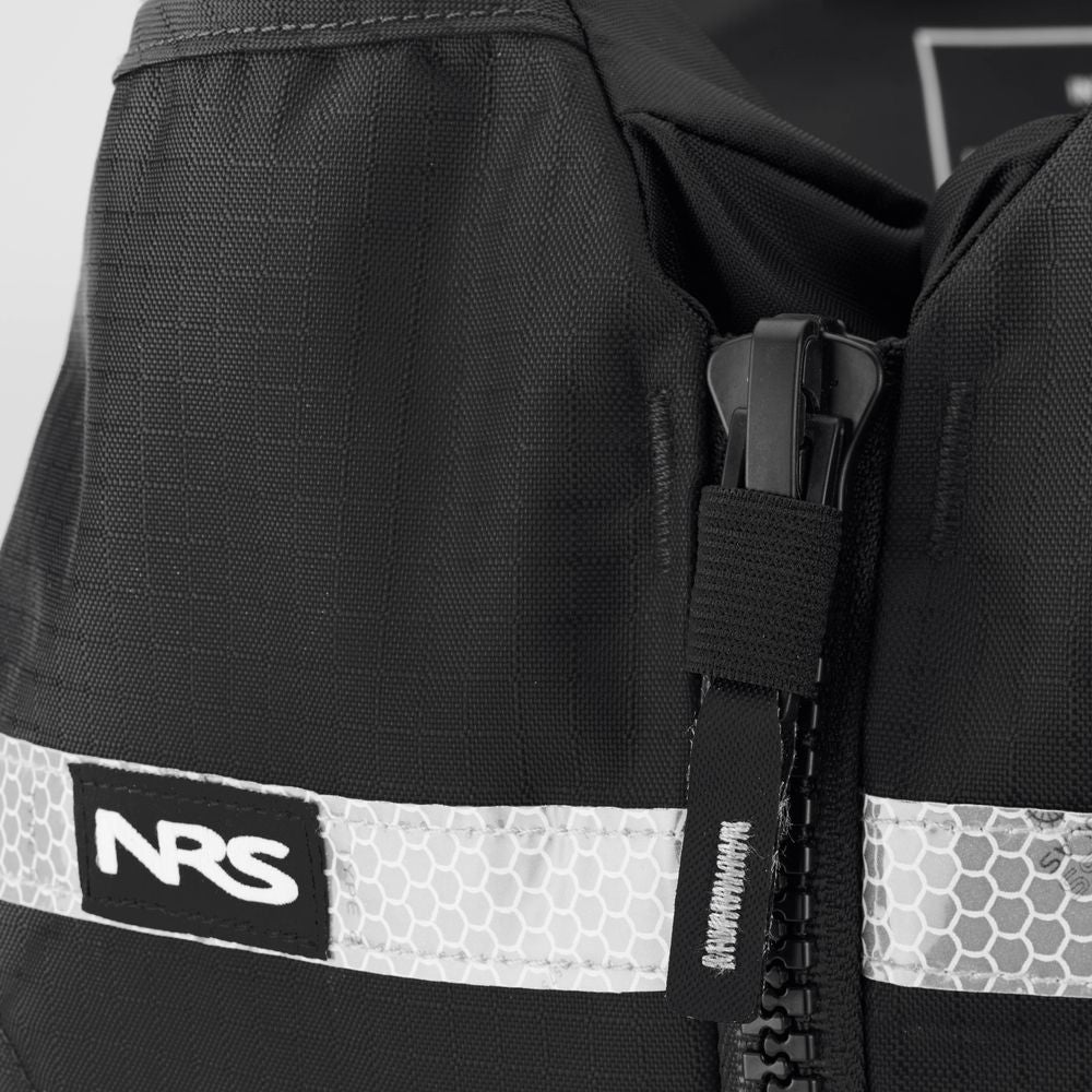 Close-up of an NRS Big Water Guide Hi-Float PFD in black, featuring a zipper, hexagonal reflective strip, and NRS logo patch—ideal for boating safety.
