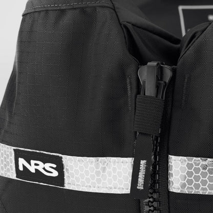Close-up of an NRS Big Water Guide Hi-Float PFD in black, featuring a zipper, hexagonal reflective strip, and NRS logo patch—ideal for boating safety.