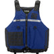 The NRS Big Water Guide Hi-Float, a blue type III life jacket with black straps, front zipper, reflective strip, multiple pockets, and adjustable fit ensures boating safety.