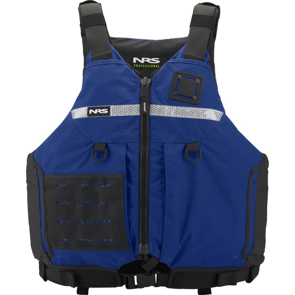 The NRS Big Water Guide Hi-Float, a blue type III life jacket with black straps, front zipper, reflective strip, multiple pockets, and adjustable fit ensures boating safety.