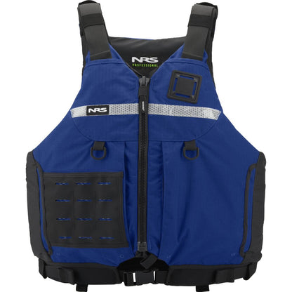 The NRS Big Water Guide Hi-Float, a blue type III life jacket with black straps, front zipper, reflective strip, multiple pockets, and adjustable fit ensures boating safety.
