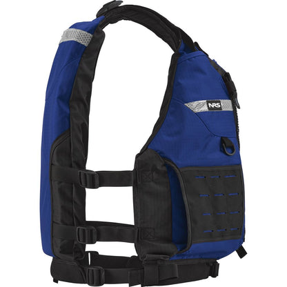 The NRS Big Water Guide Hi-Float is a blue and black Type III life jacket with adjustable side straps, front pocket, and reflective accents for boating safety, shown on a white background.