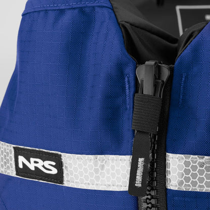 Close-up of the NRS Big Water Guide Hi-Float PFD in blue, featuring a zipper, honeycomb-patterned reflective strip, and NRS logo patch.