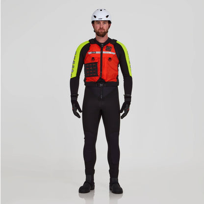 A person stands facing forward wearing an NRS Big Water Guide Hi-Float PFD over an orange and black safety jacket with neon yellow accents, a white helmet, black wetsuit, gloves, and boots against a plain background.