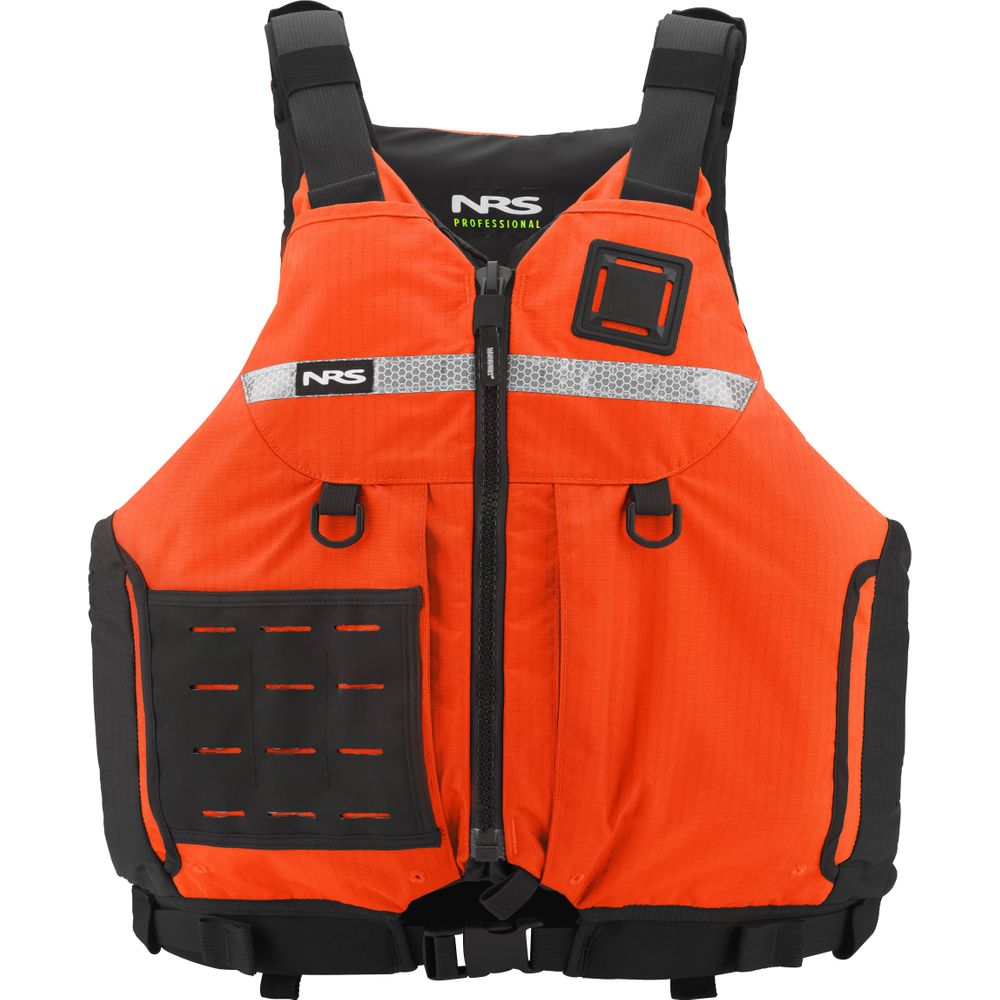 The NRS Big Water Guide Hi-Float is a bright orange type III life jacket with front zipper, black straps, multiple pockets, and a reflective chest strip for enhanced boating safety.
