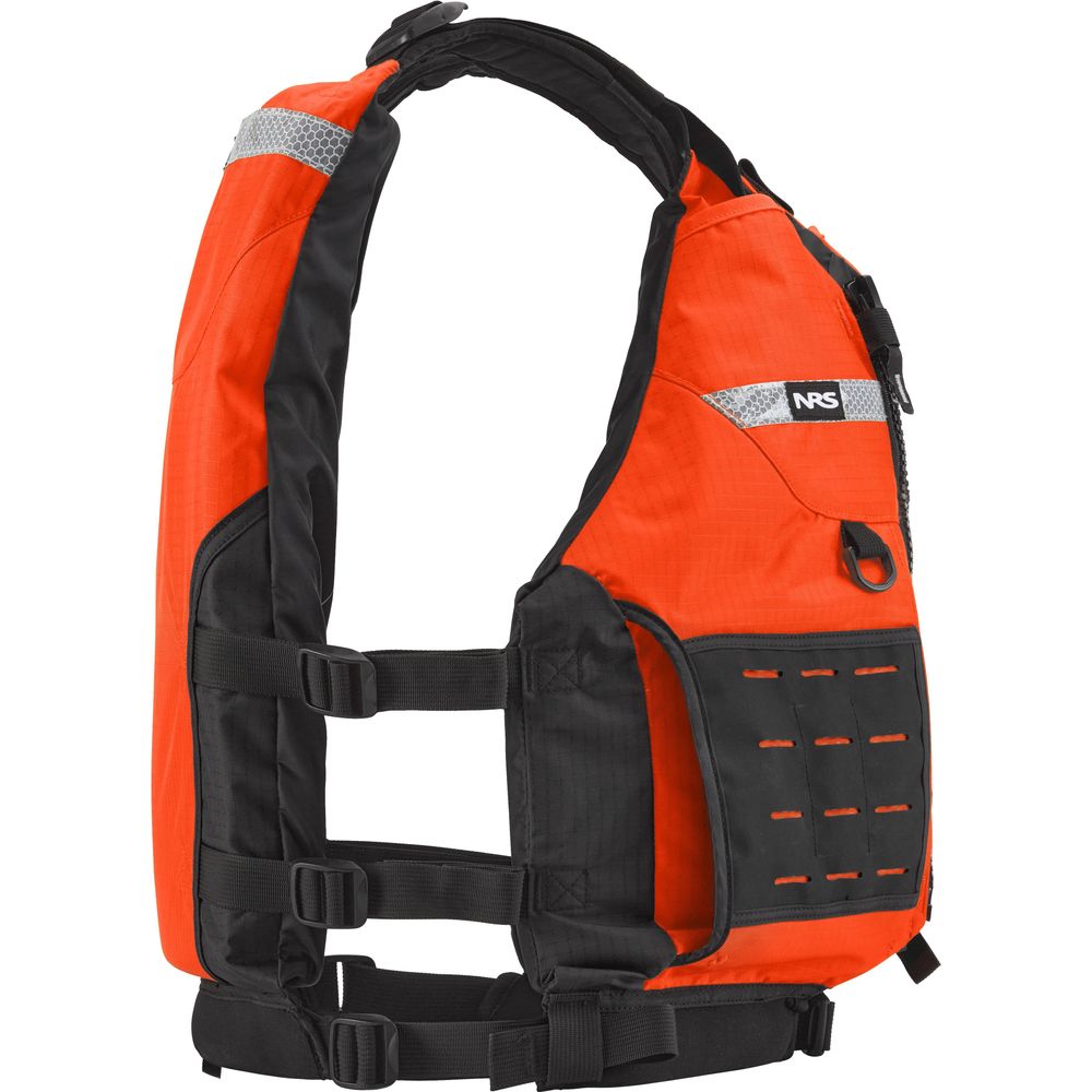 The NRS Big Water Guide Hi-Float is a red and black type III life jacket featuring adjustable straps, reflective patches, a zippered pocket, and front MOLLE webbing for enhanced boating safety.