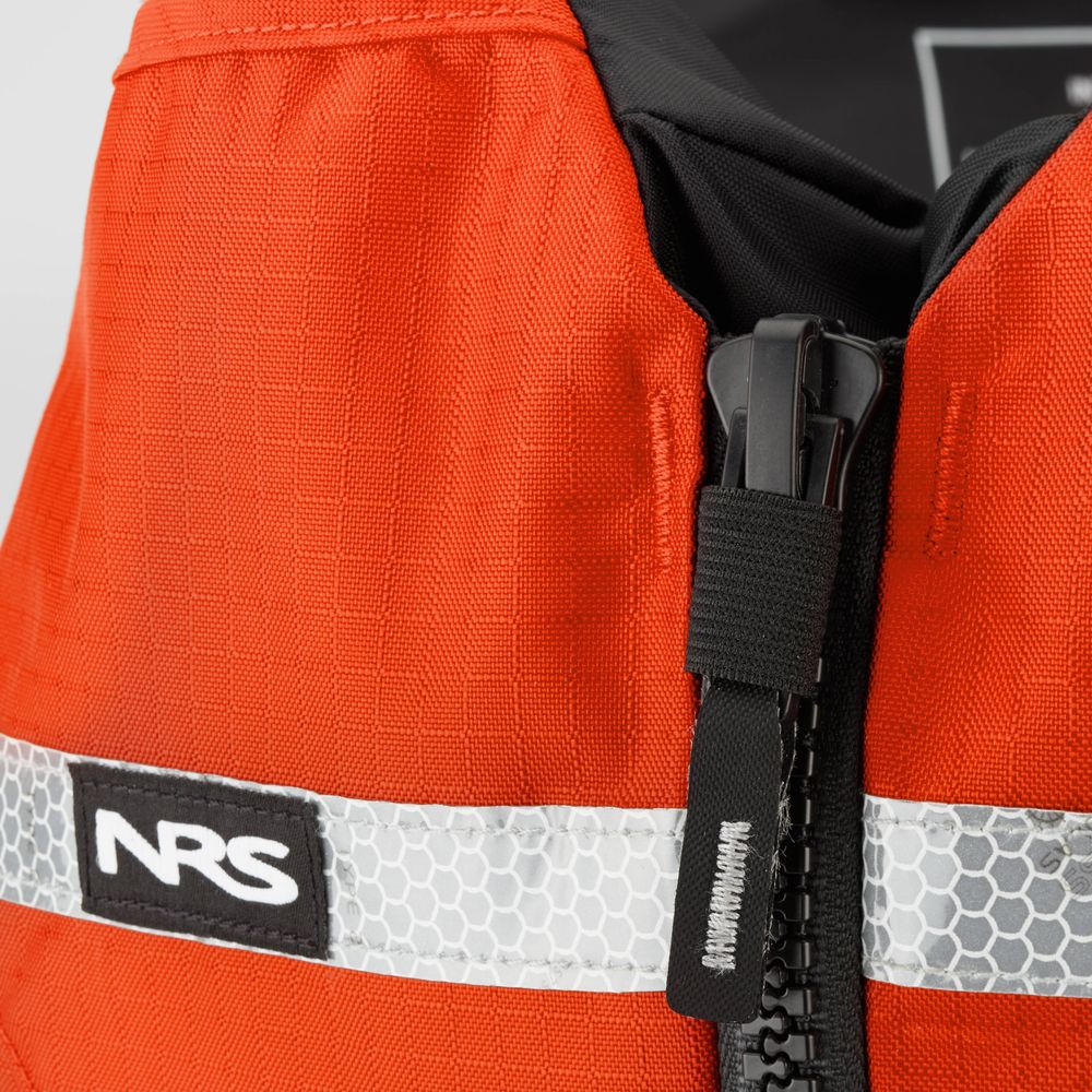 Close-up of the NRS Big Water Guide Hi-Float, an orange high flotation PFD featuring a black zipper, reflective strip, and the "NRS" logo patch for enhanced boating safety.