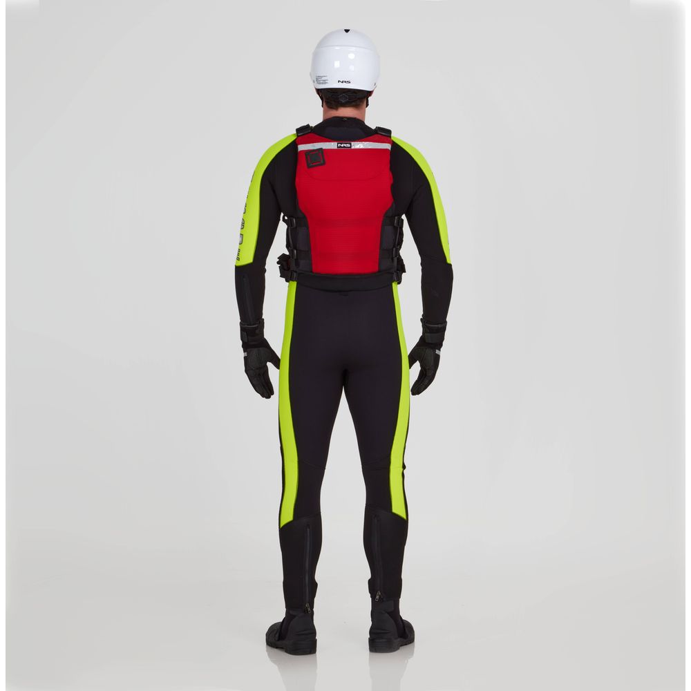 Wearing a white helmet, black gloves, and a black wetsuit with yellow stripes, the person stands facing away, showcasing an NRS Big Water Guide Hi-Float type III life jacket against a plain background.