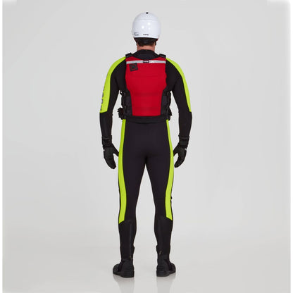 Wearing a white helmet, black gloves, and a black wetsuit with yellow stripes, the person stands facing away, showcasing an NRS Big Water Guide Hi-Float type III life jacket against a plain background.
