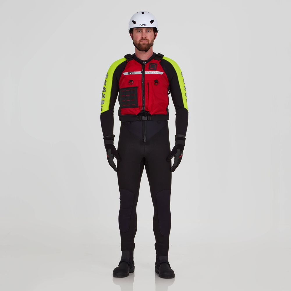 A man stands facing forward against a white background, wearing the NRS Big Water Guide Hi-Float type III life jacket in red and black, along with a white helmet, black wetsuit, gloves, yellow sleeves, and boots.