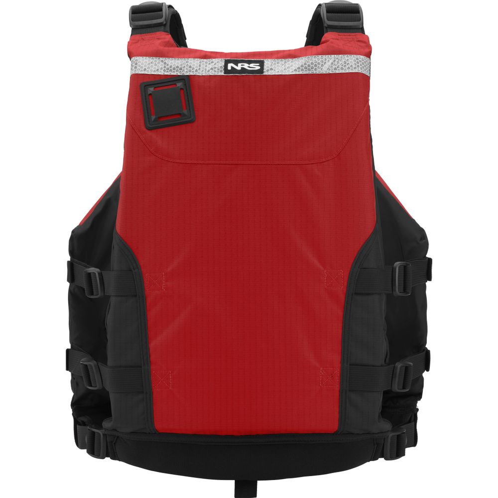 The NRS Big Water Guide Hi-Float PFD is a red and black high flotation life jacket with adjustable straps and a top reflective strip, designed for boating safety.