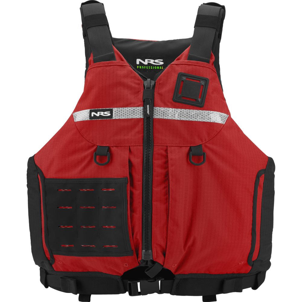 A red NRS Big Water Guide Hi-Float PFD with black straps, front zipper, reflective strip, and multiple front pockets for boating safety is shown against a white background.