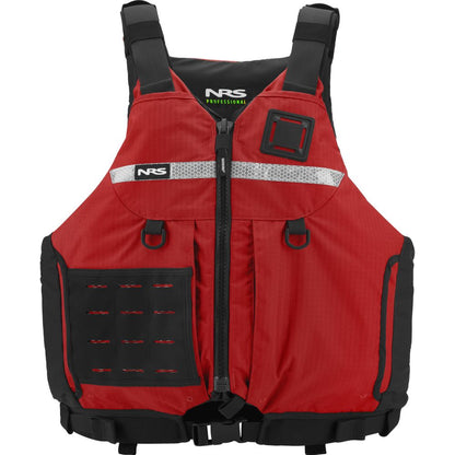 A red NRS Big Water Guide Hi-Float PFD with black straps, front zipper, reflective strip, and multiple front pockets for boating safety is shown against a white background.