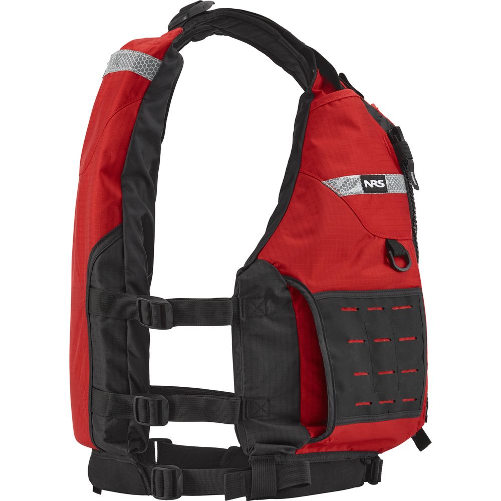 The NRS Big Water Guide Hi-Float is a red and black PFD with adjustable side straps, reflective strips, front zipper pocket, and webbing attachment points—perfect for boating safety.