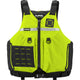 The NRS Big Water Guide Hi-Float is a bright yellow and black type III life jacket featuring multiple pockets, a reflective strip, front zipper, and adjustable shoulder straps—perfect for boating safety.