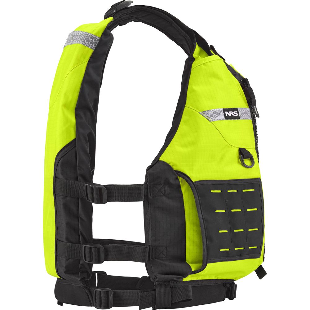 The NRS Big Water Guide Hi-Float PFD is yellow and black, with adjustable straps, reflectors, a front zip pocket, and webbing—perfect for boating safety.