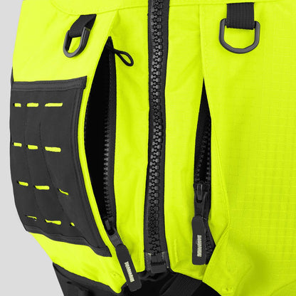 Close-up of the NRS Big Water Guide Hi-Float: a high-visibility yellow backpack, inspired by high flotation PFDs, with black zippers, a zippered pocket with black webbing, and plastic D-rings on the front for boating safety.