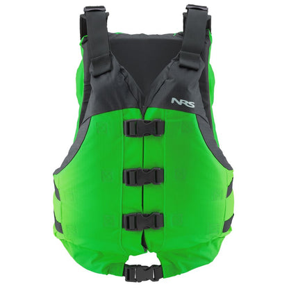 The NRS Big Water V PFD is a bright green, high-flotation life jacket with black straps and buckles, featuring the NRS logo on the chest and US Coast Guard Certification for safety.