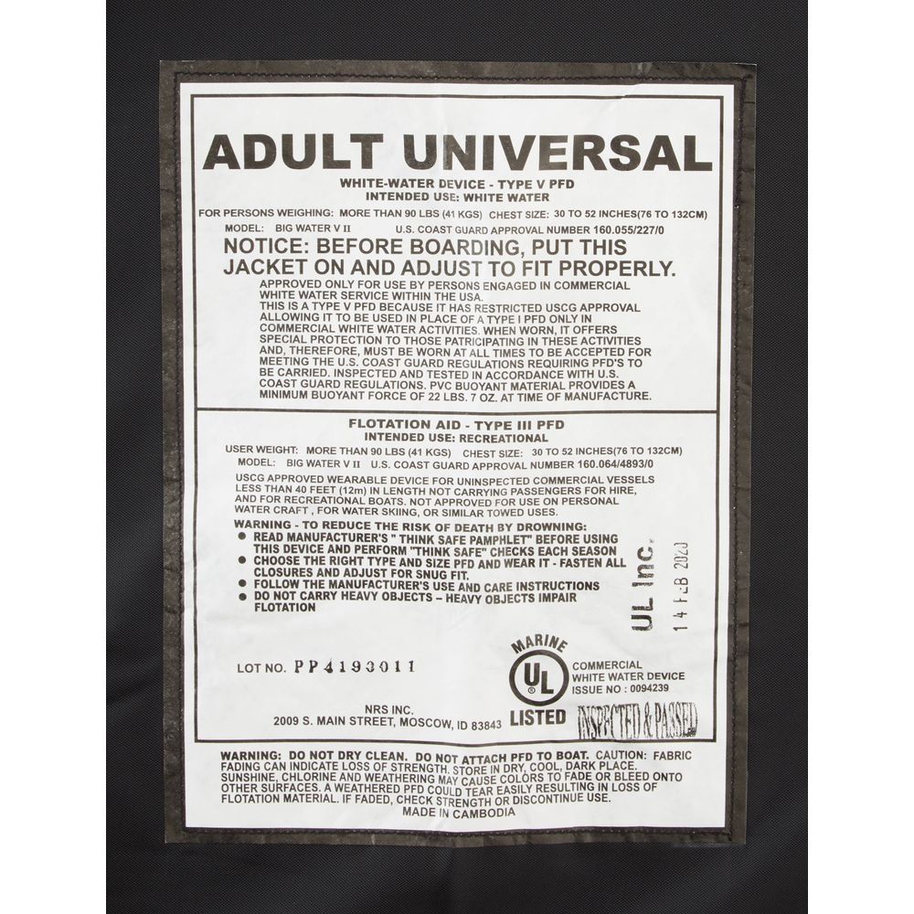 Label for NRS Big Water V PFD, an adult high-flotation Type III life jacket with universal fit. Includes fitting instructions, usage warnings, and manufacturer details. This US Coast Guard-certified PFD is perfect for white-water adventures.