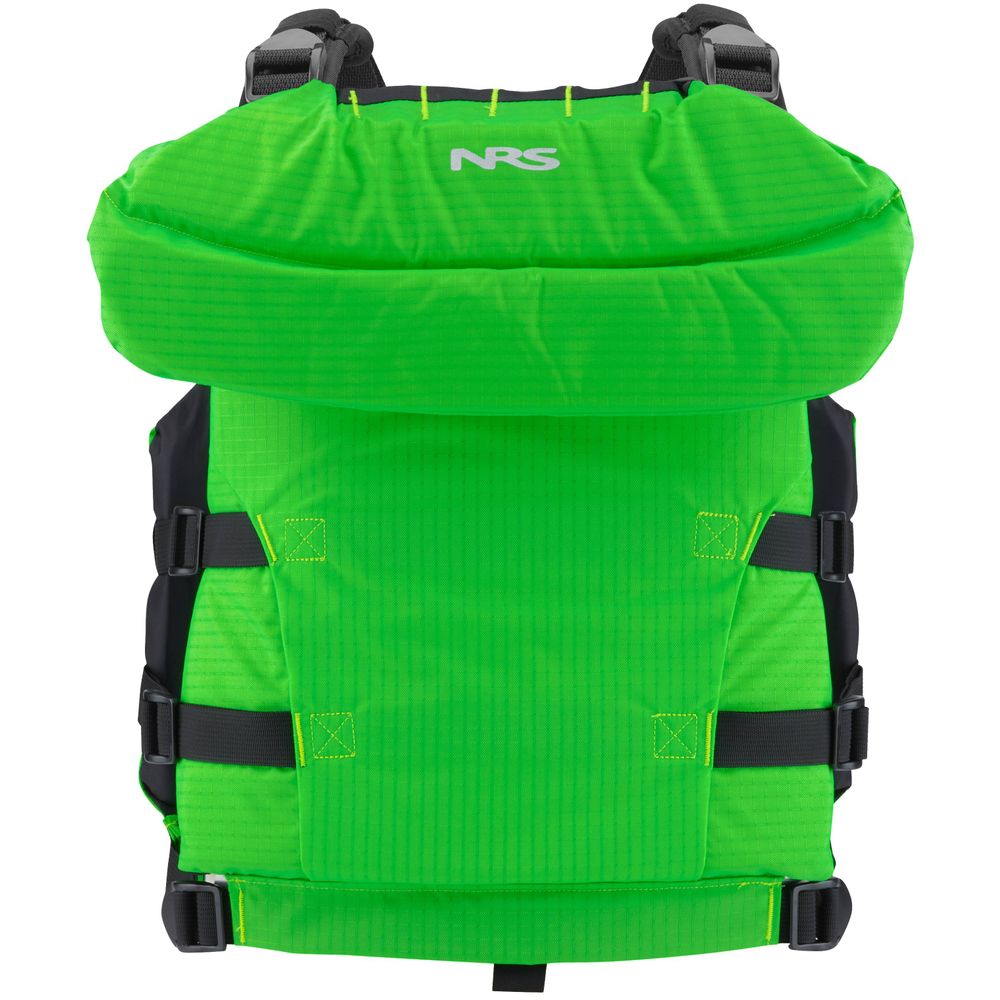 The NRS Big Water V Youth PFD is bright green with adjustable black straps, a prominent NRS logo on the front, and offers high flotation for added safety.