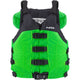 Bright green Big Water V Youth PFD by NRS, showcasing black accents with four front buckle closures and an "NRS" label on the right chest.