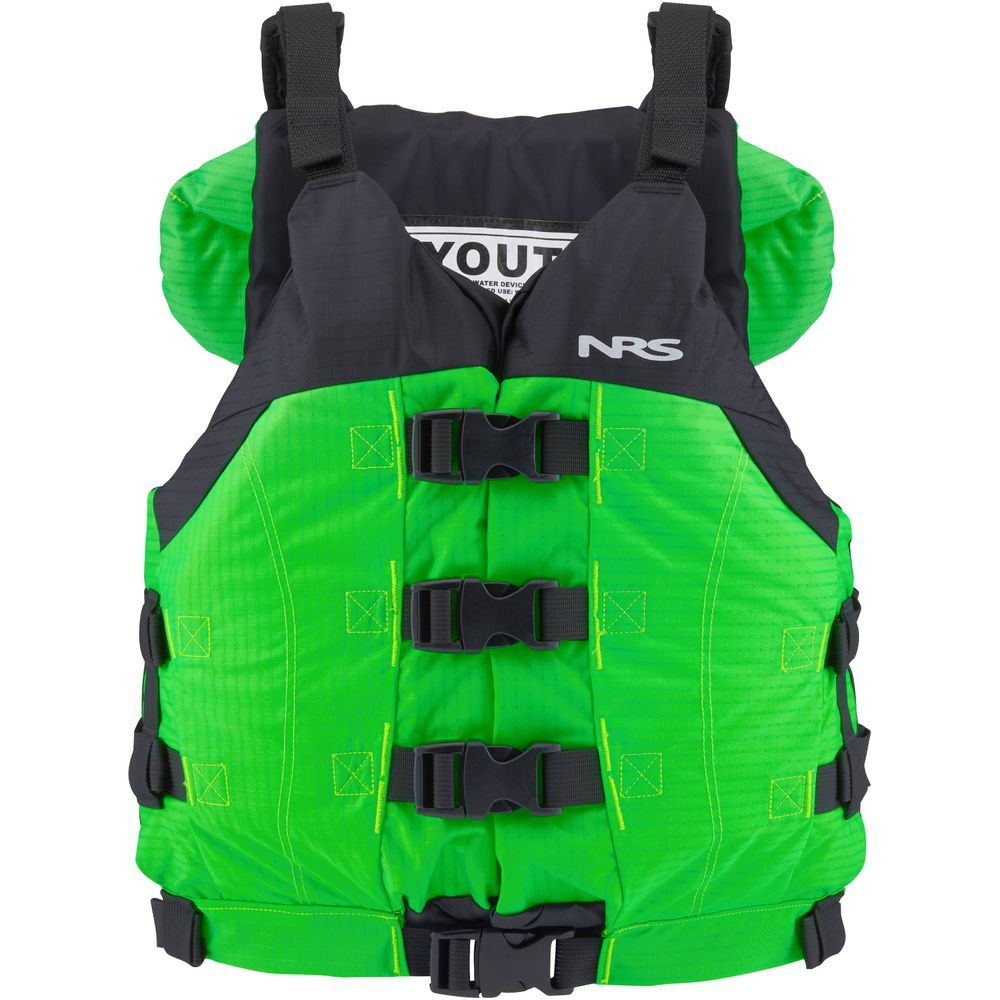 Bright green Big Water V Youth PFD by NRS, showcasing black accents with four front buckle closures and an "NRS" label on the right chest.
