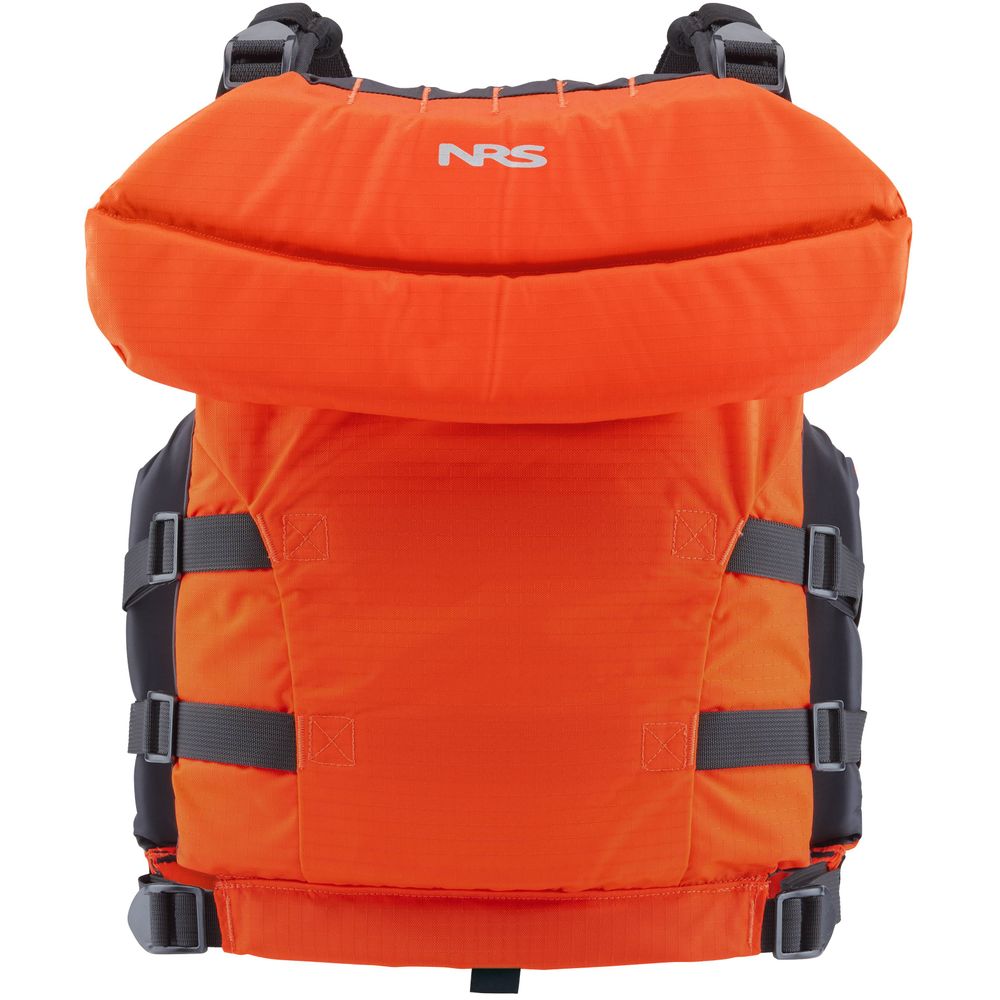 The Big Water V Youth PFD by NRS features high-flotation, black straps, and a front "NRS" logo. It ensures reliable safety and comfort for adventurous outings with its vibrant orange design, perfect for youth.