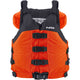 The NRS Big Water V Youth PFD is orange and black with adjustable straps and buckles for a secure fit.
