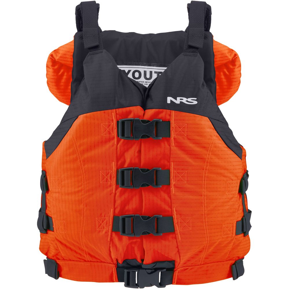 The NRS Big Water V Youth PFD is orange and black with adjustable straps and buckles for a secure fit.