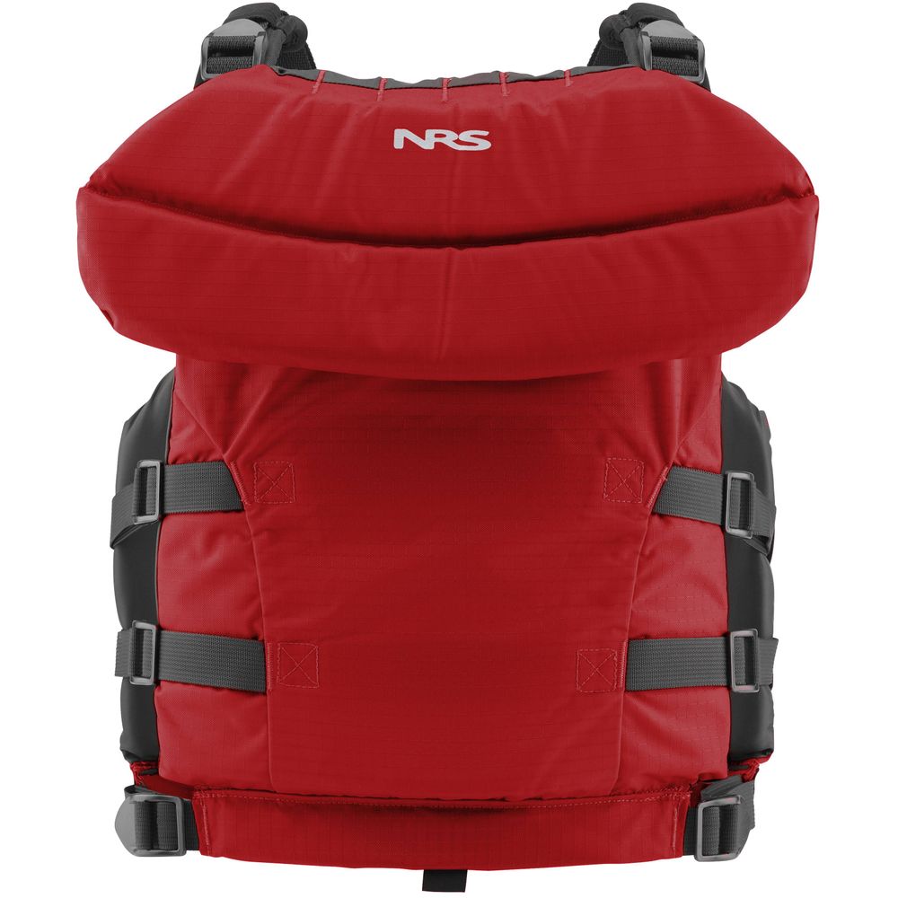 The NRS Big Water V Youth PFD boasts a red design with adjustable black straps and features the "NRS" logo on the front.