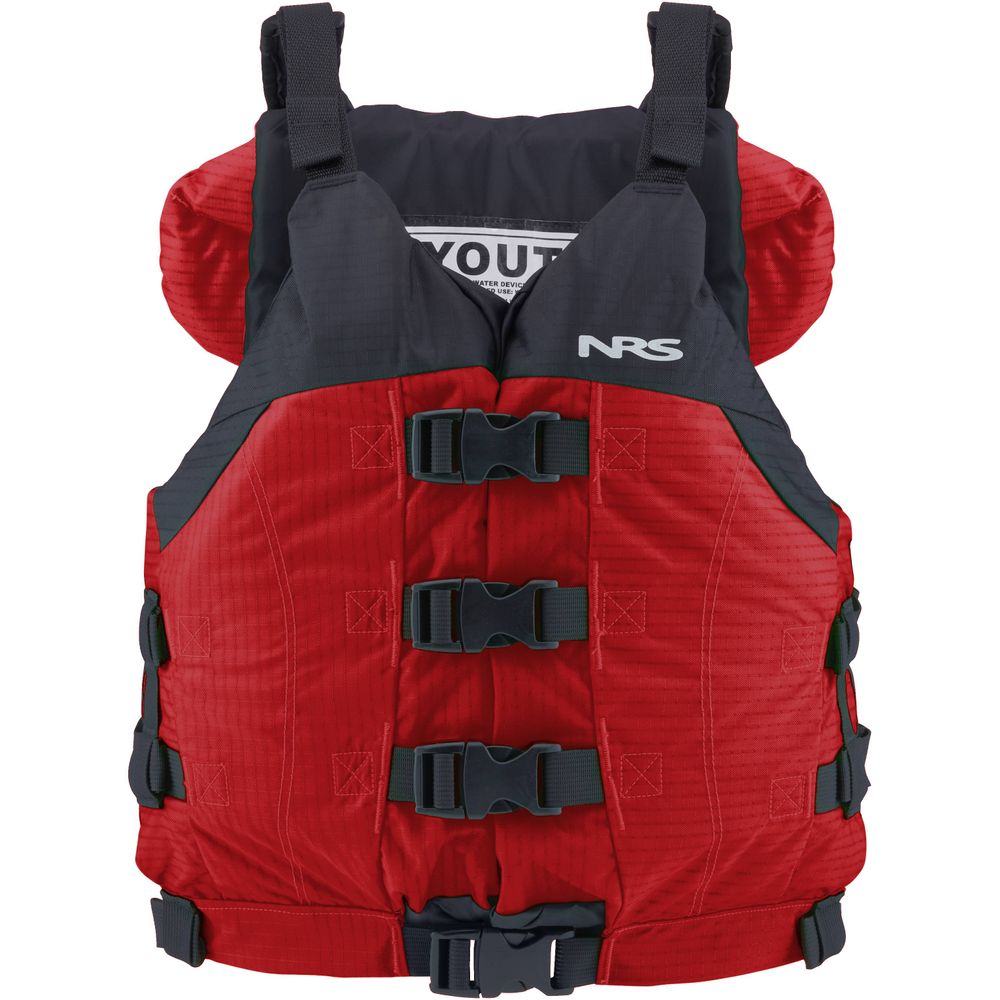 The Big Water V Youth PFD by NRS is a red and black high-flotation life jacket featuring adjustable straps and buckles.