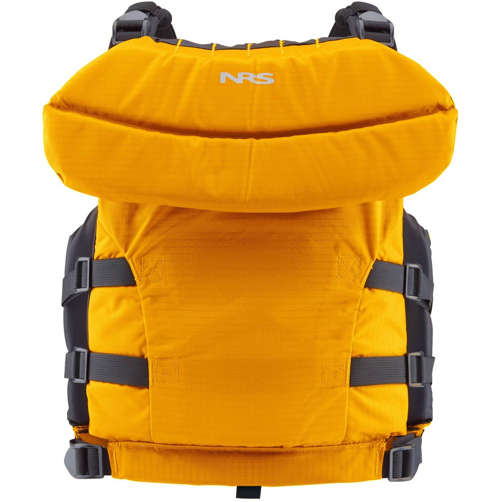 The Big Water V Youth PFD by NRS is a yellow high-flotation life jacket featuring adjustable black straps and a logo on the front.
