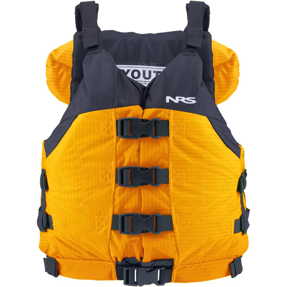 The NRS Big Water V Youth PFD in orange and black features multiple front buckle fastenings for high flotation, ensuring safety and peace of mind.
