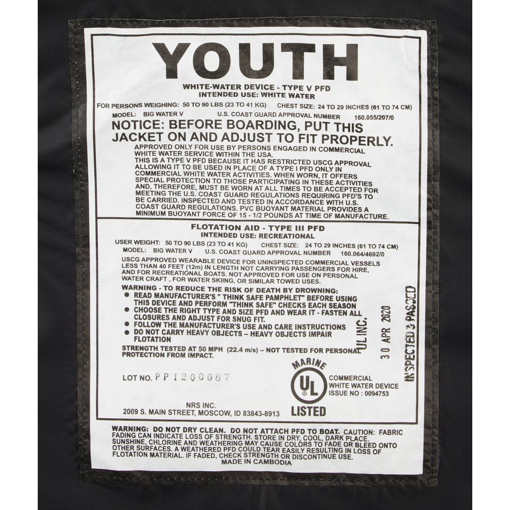 The Big Water V Youth PFD by NRS features a label with instructions, flotation details, and warnings. As a Type V life jacket, it offers superior safety for young adventurers. Manufacturer information is included for easy reference.