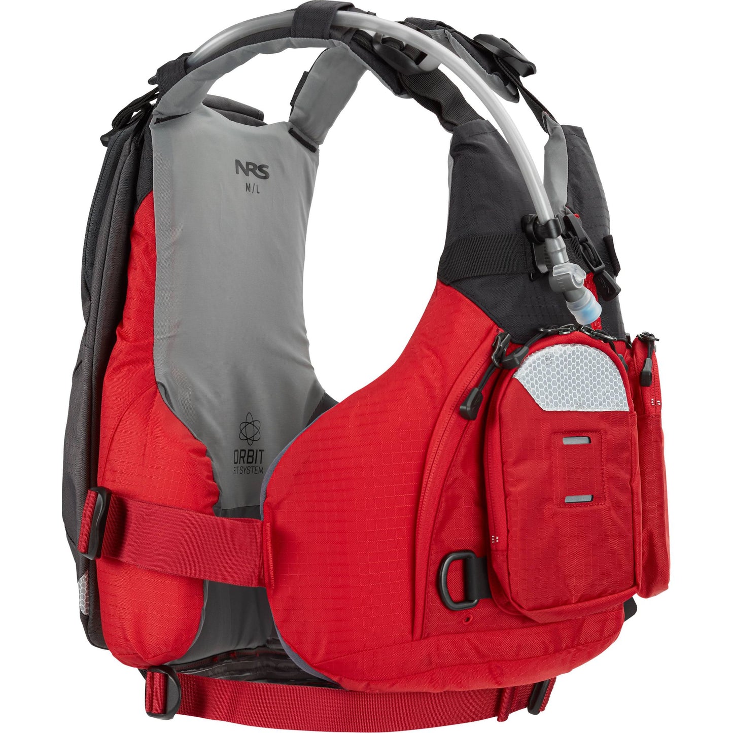 The NRS Swig Hydration Pack, a red and black life jacket, is perfect for paddling adventures with its convenient pocket on the back.